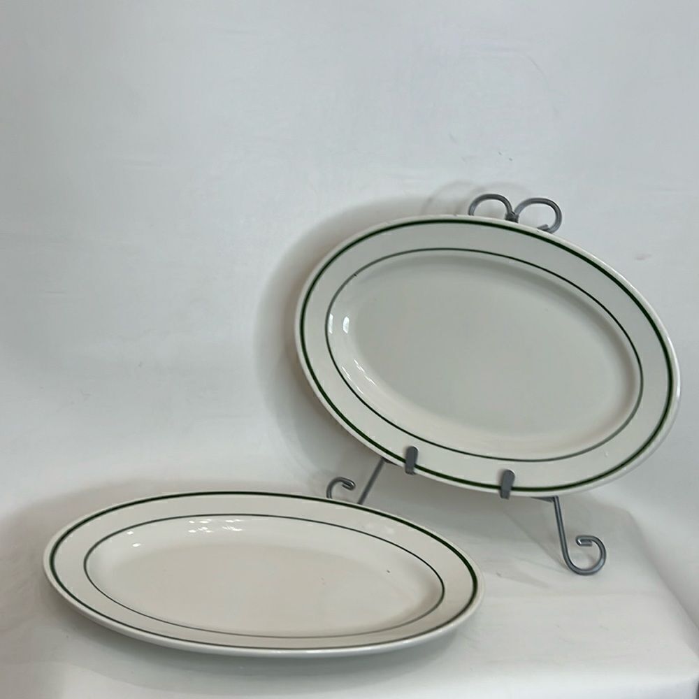 Buffalo Plates Heavy Ceramic Oval White Green Set Of 2 11 1/2 Inches X 7 3/4